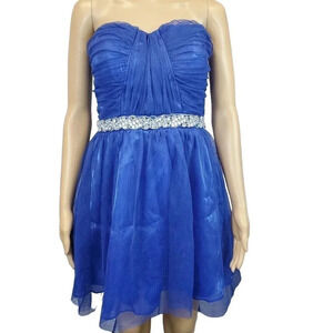 Lily Rose Brand Blue Strapless Knee Length Tule Rhinestone Size 9 Formal Dress